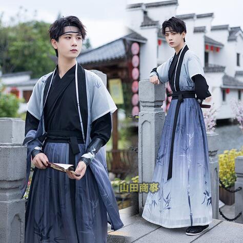 コスプレ衣装 メンズ 漢服5点セット チャイナ服 中華服 ハロウィン 中国古代 時代劇コスプレ衣装 男性 大人 華流 コスチューム 交差襟 長袖ブラウス ロング 袴風巻きスカート 半袖羽織 グラデーシ
