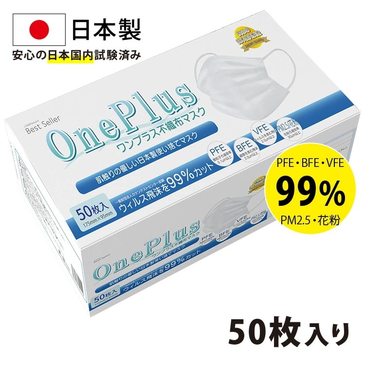 マスク 日本製 OnePlus(ワンプラス) 50枚 在庫あり 3層構造 不織布 白 ふつうサイズ 250枚セット(50枚入り5) 99%カット高性能フィルター