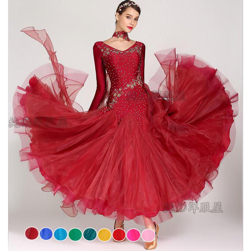 [新品追加/営业促进]モダンドレス 社交ダンス スタンダード インターナショナル ダンスドレス 長袖 Vネック ロング マキシ丈 ワンピース 首飾り ひらひらリボン 花 ストーン 裾フリ