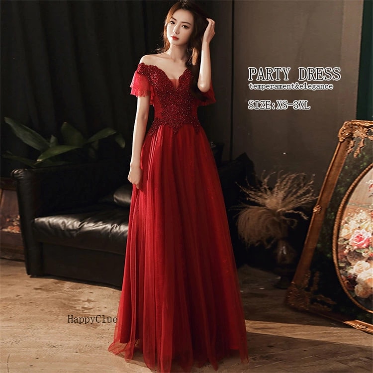 パーティードレス レディース 結婚式 ドレスカラードレス 赤 オフショルダー 二次会ドレス ロング丈 フォーマル 衣装 演奏会 発表会 ブライダル Aライン ウェディングドレス プリンセス 花嫁ドレス