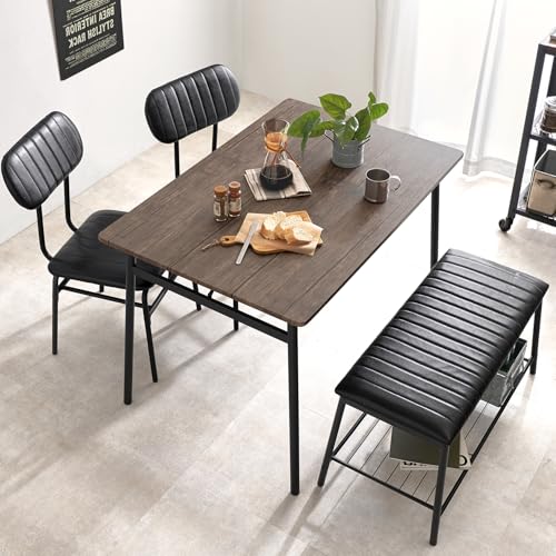 萩原 ダイニングテーブルセット ベンチ 4点セット カフェ風 ダイニングセット 木目調 × ブラック 幅120 長方形 スチール 4人掛け グレーブラウン LDS-4854GB