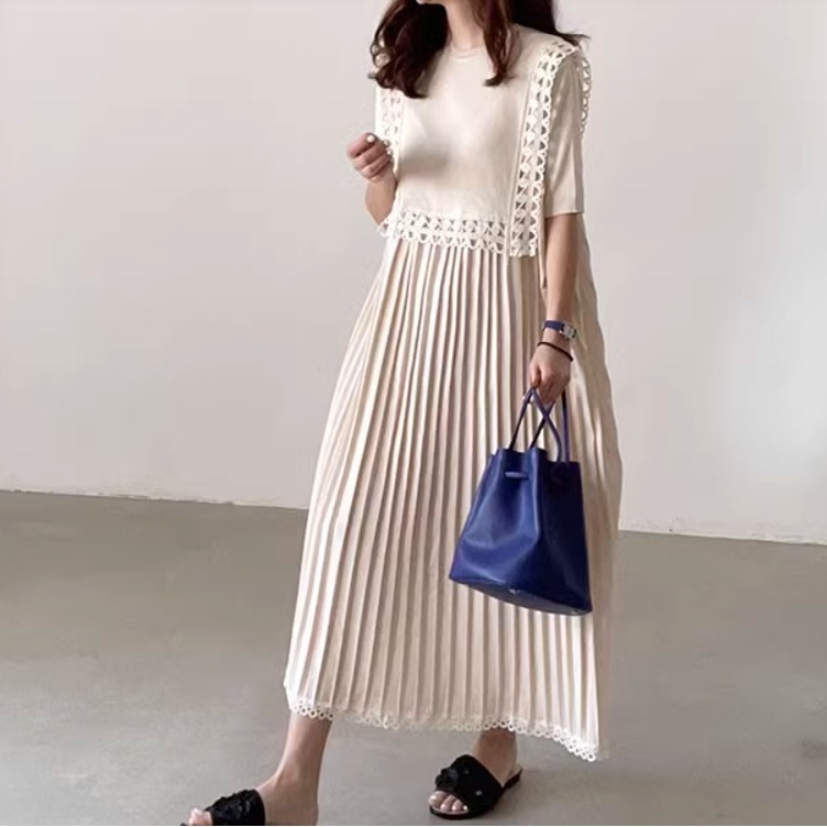 レディース スカート ワンピース ドレス プリーツスカート ロングスカート ロング 半袖 ラウンドネック 襟なし プリーツ 薄手 かわいい 大人可愛い きれいめ シンプル カジュアル 上品 おしゃれ