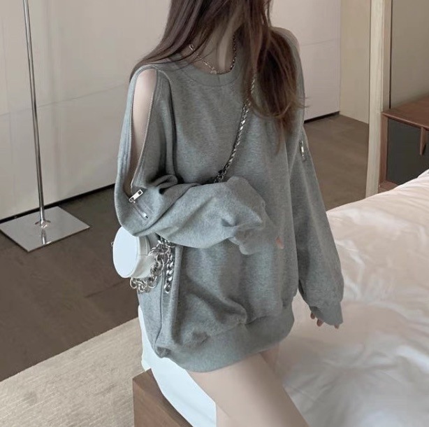 レディース トップス プルオーバー トレーナー 長袖 オープンショルダー ラウンドネック フェミニン ストリート ファスナー ジッパー かわいい 大人可愛い カジュアル おしゃれ こなれ感 ラフ