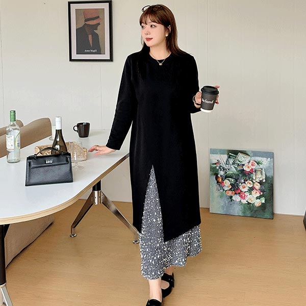 ロングTシャツ ルーズシルエット フロントスリット入り 長袖 クルーネック スカートスーツ レディース