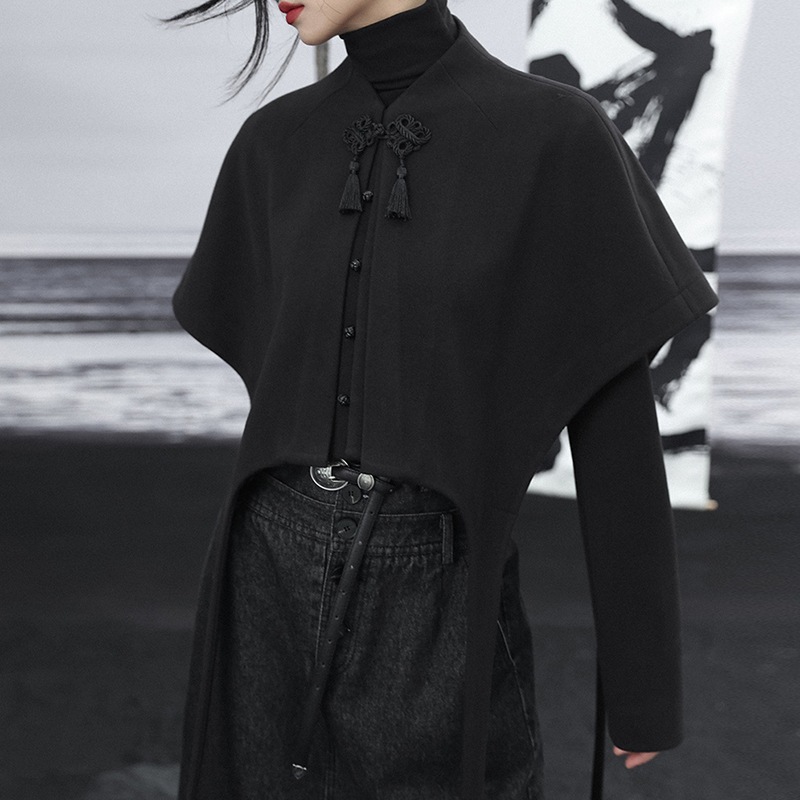 重ね着風トップス レディース チャイナ風 アウター ポンチョコート ショート丈 ラシャコート チャイナ服 普段着 黒 高見え 個性的