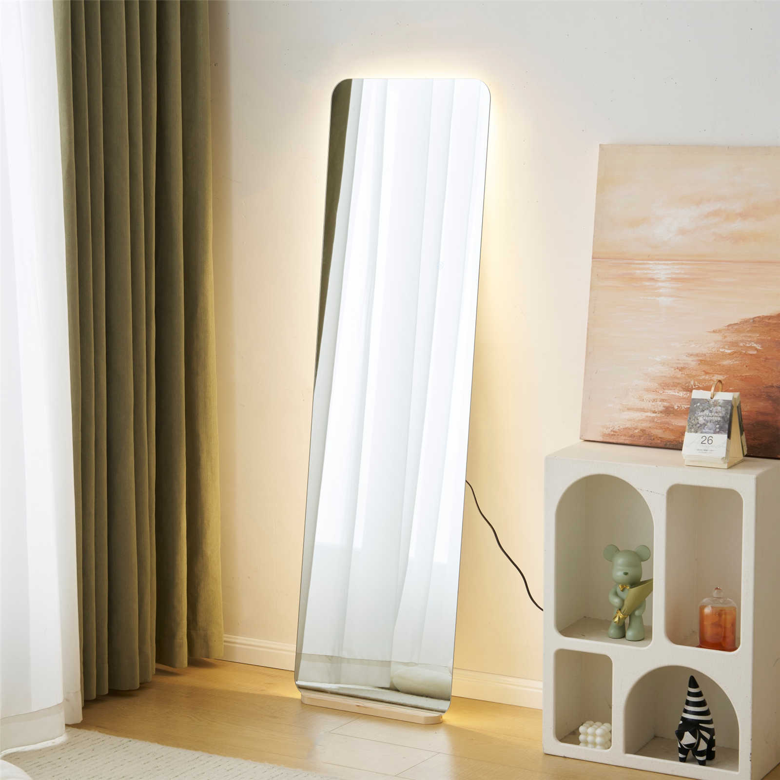 【日本国内出荷-3日で配達】選べる2タイプ丸角長方形LED付き45×155cm玄関全身鏡おしゃれウェーブミラースタンド 壁掛け立て掛け 自撮り鏡姿見 飛散防止加工スリムミラー インテリアDJYC147