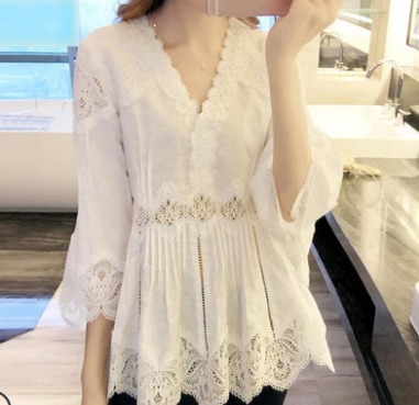 Vネック刺繍ロングブラウス トップス ロング丈 袖あり 綿 光沢 爽やか 大人スタイル 大人可愛い きれいめ シンプル カジュアル 大人 上品 おしゃれ かっこいい レトロ アジアン 大人可愛い