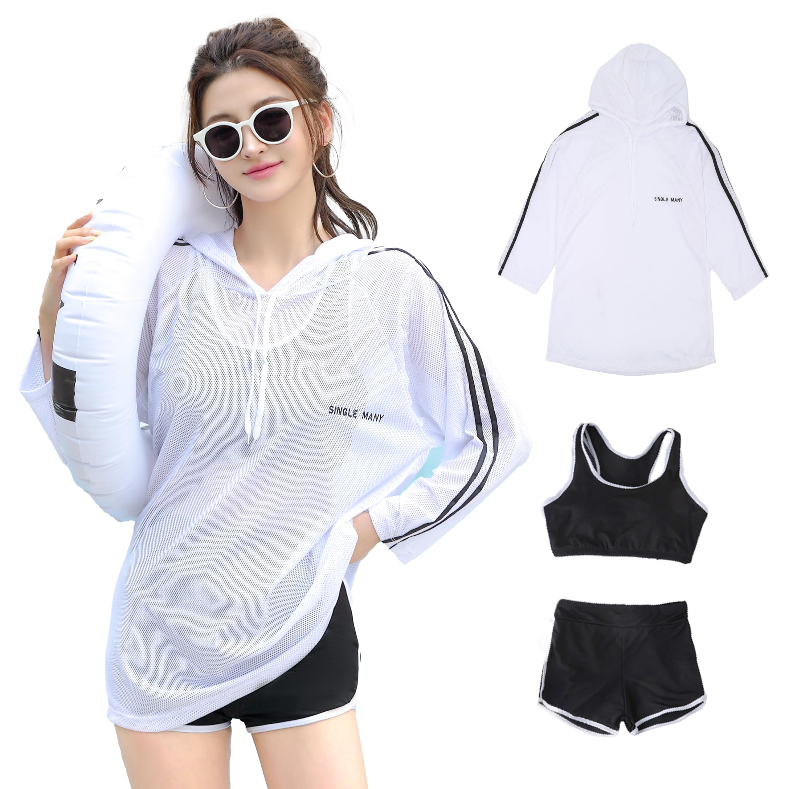 水着 体型カバー レディース タンキニ 3点セット 可愛い スポーツブラ メッシュ 高校生 セパレート サウナ お腹が隠れる 女性 XL 着痩せ 大人 長袖 中学生 女の子 おしゃれ ホワイト