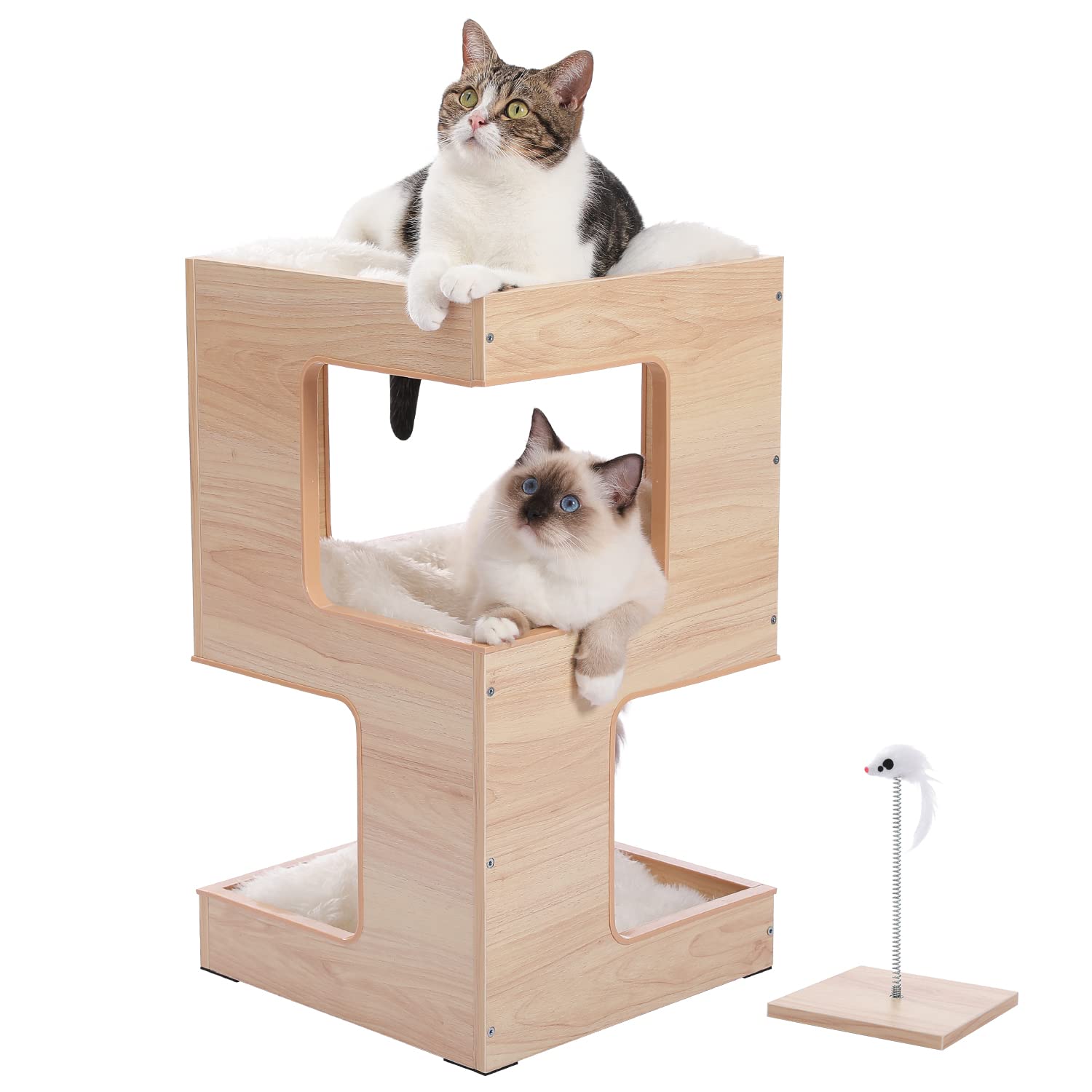 PETEPELA(ぺテぺラ) キャットタワー 猫ベッド 木製 木目調 三階 3層 おもちゃ クッション付き 爪とぎマット付属 バリバリ コンパクト 多用 家具 インテリア - 高さ60cm
