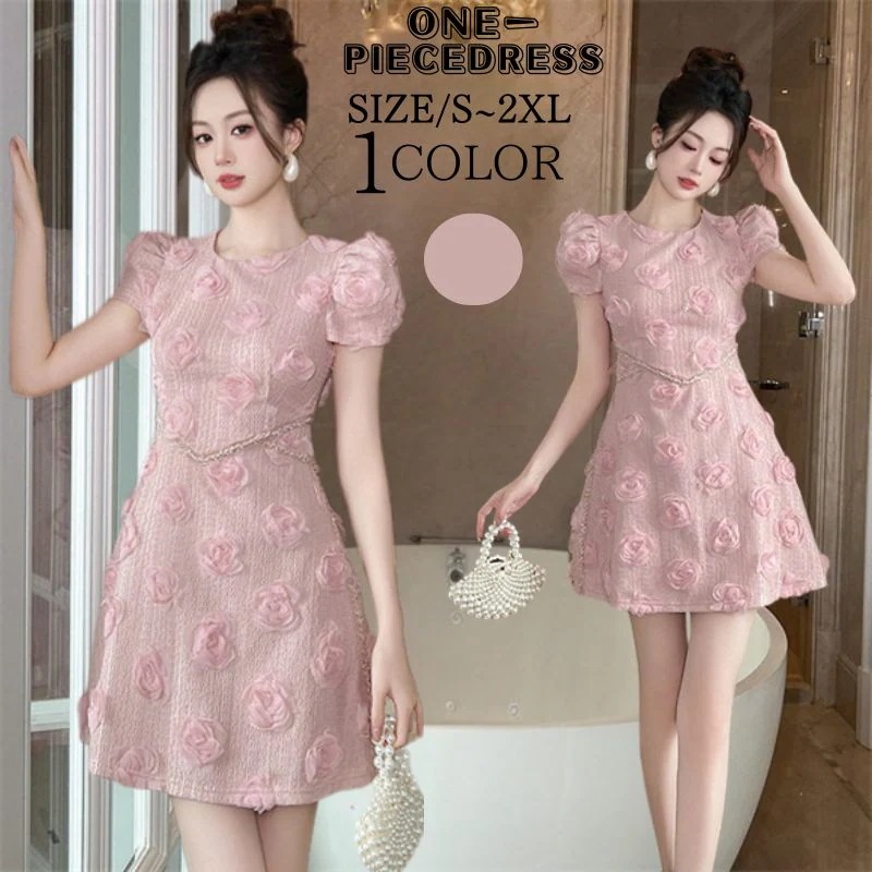 ワンピスドレス　Aラインワンピース　ピンク　花柄　半袖　パーティードレス　ミニ丈ワンピース　フォーマル　ウエストビーズ付き　姫系　セクシー上品 大人 きれいめ キャバ嬢　お水　結婚式 20代 30代