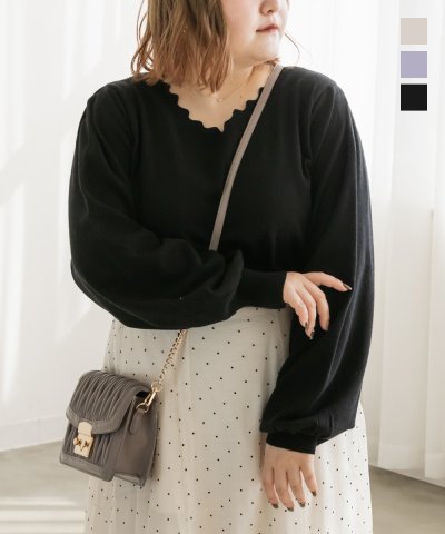 大きいサイズ レディース LL 3L 4L XL XXL XXXL CLETTEオリジナルスカラップVネックニット