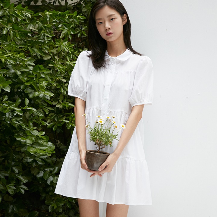 MINI FLARE SHIRT ONE-PIECE HALF SLEEVE BASIC WHITE