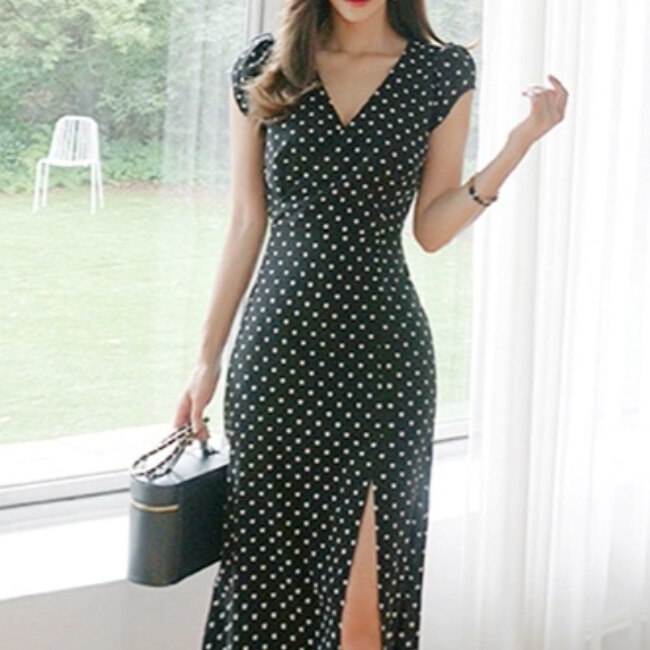 ワンピース 半袖 春 夏 きれいめ ロング ペンシルスカート 膝下 ミモレ丈 ぽわん袖 パフスリーブ 萌袖 Vネック 細身 ストレート Iライン レース スリット 黒 ブラック S M L XL ジャ