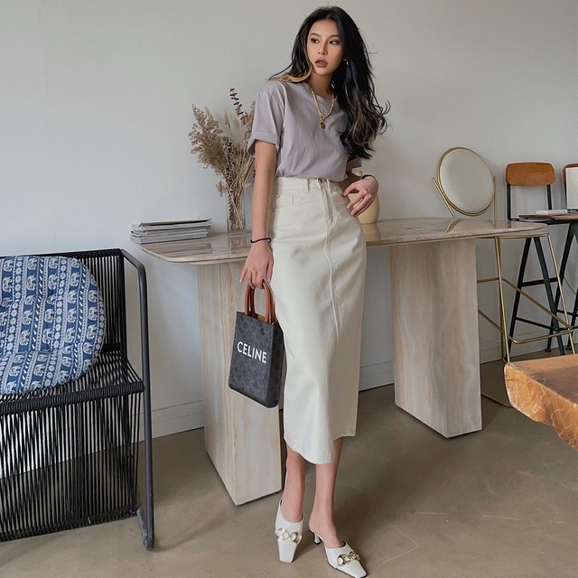 【送料無料】レディース デニム スカート ミドル丈 ハイウエスト Aライン スリット