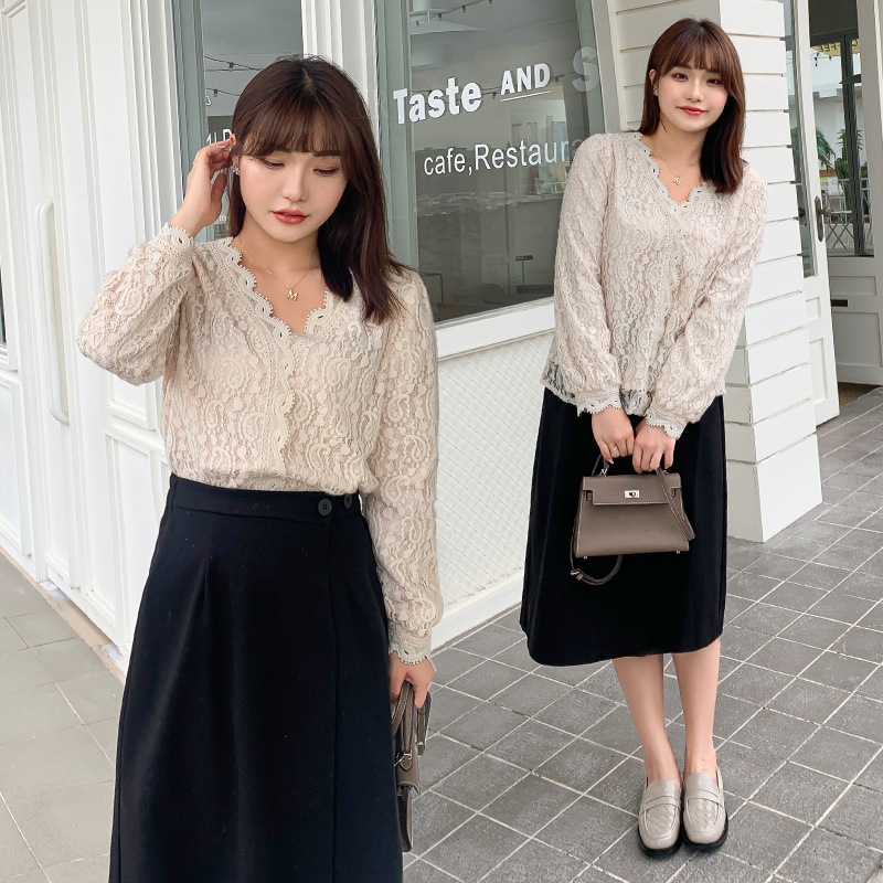5L 4L 秋冬 韓国 大きいサイズ 長袖ニットトップス レディースシャツブラウス タイト ストレッチ 30代 40代 50代 60代レースシャツ女早秋デザイン感上着お腹隠しスーツの大きいサイズのフォ