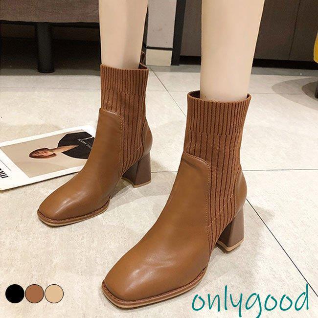 ブーツ 秋冬 レディース サイドゴアブーツ チャンキーヒール スクエアトゥ ショートブーツ ニット 美足 ブーティー 7cmヒール おしゃれ