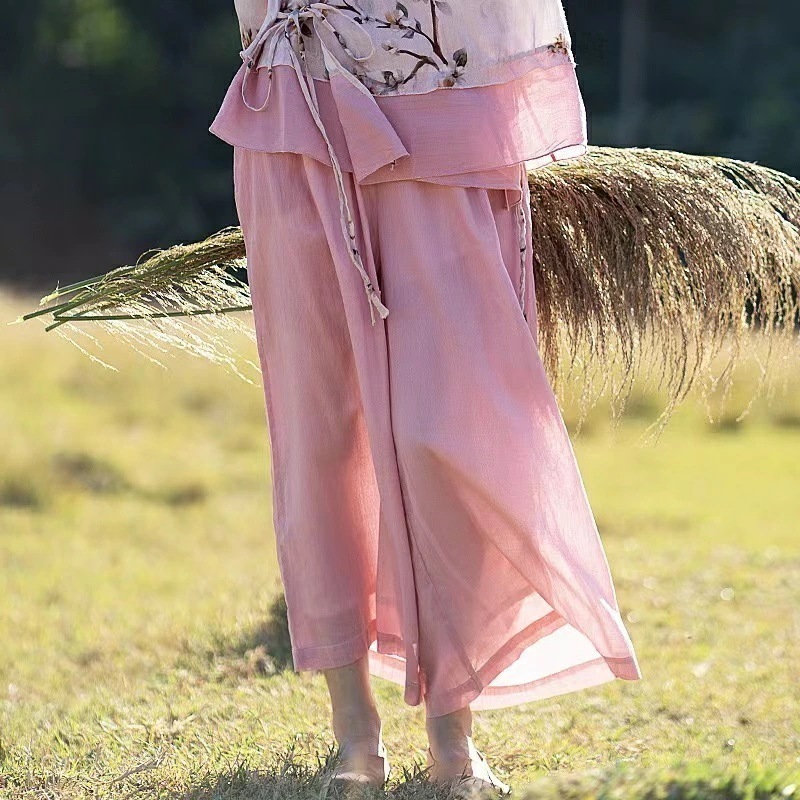 【急速出荷】リネン100%ワイドパンツ 裏地付き レディースリネン 麻 ピンク ゴム フリーサイズ 送 20代 30代 40代 50代 60代 70代 締め付けない 体型カバー 可愛い 海 花見