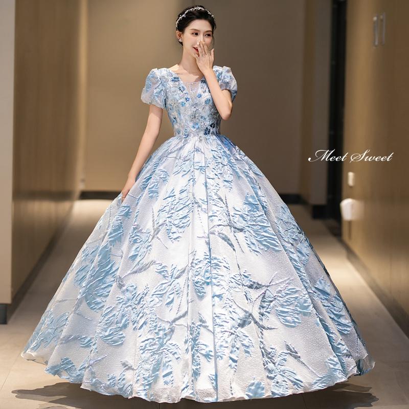 カラードレス プリンセスライン ロングドレス ブルー パフスリーブ 花柄 半袖 ウェディングドレス 結婚式 二次会 花嫁 前撮り 演奏会 発表会 ステージ衣装