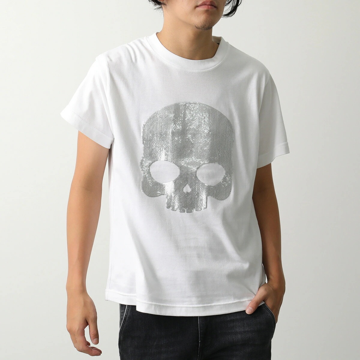 HYDROGEN ハイドロゲン Tシャツ HYD-GSP01 メンズ 半袖 カットソー ドクロ スカル スパンコール コットン クルーネック ホワイト