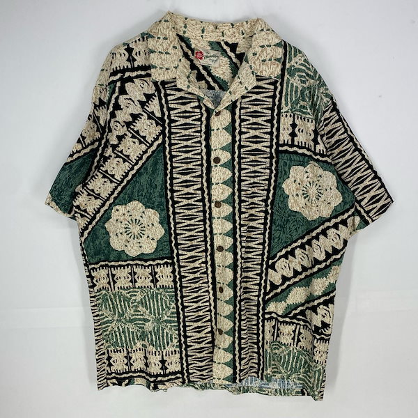 古着 ヒロハッティ Hilo Hattie USA製 半袖シャツ オープンカラー ショートスリーブ 胸ポケット 2XL グリーン系 総柄 メンズ