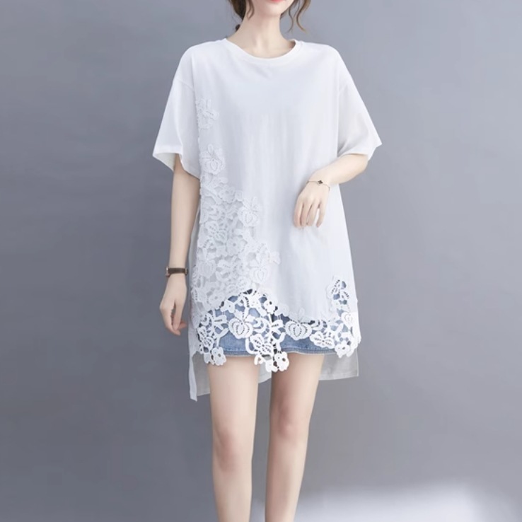 レディース トップス プルオーバー Tシャツ ミドル丈 半袖 ラウンドネック 襟なし ワイド アシンメトリー オーバーサイズ レース レースアップ 伸縮性 かわいい 大人可愛い きれいめ シンプル