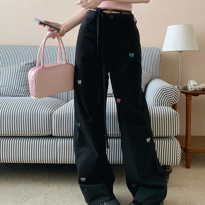 韓国スタイル ラブリー ユニーク リボン 刺繍 ストレート パンツ