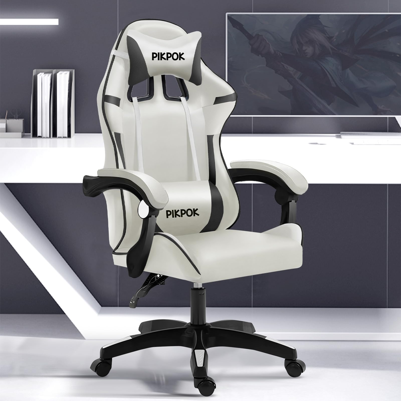 ゲーミングチェア pcチェア 椅子 デスクチェア ゲーム用チェア リクライニング パソコンチェア ハイバック ヘッドレスト ランバーサポート ひじ掛け付き 高さ調整機能 PUレザー 44372
