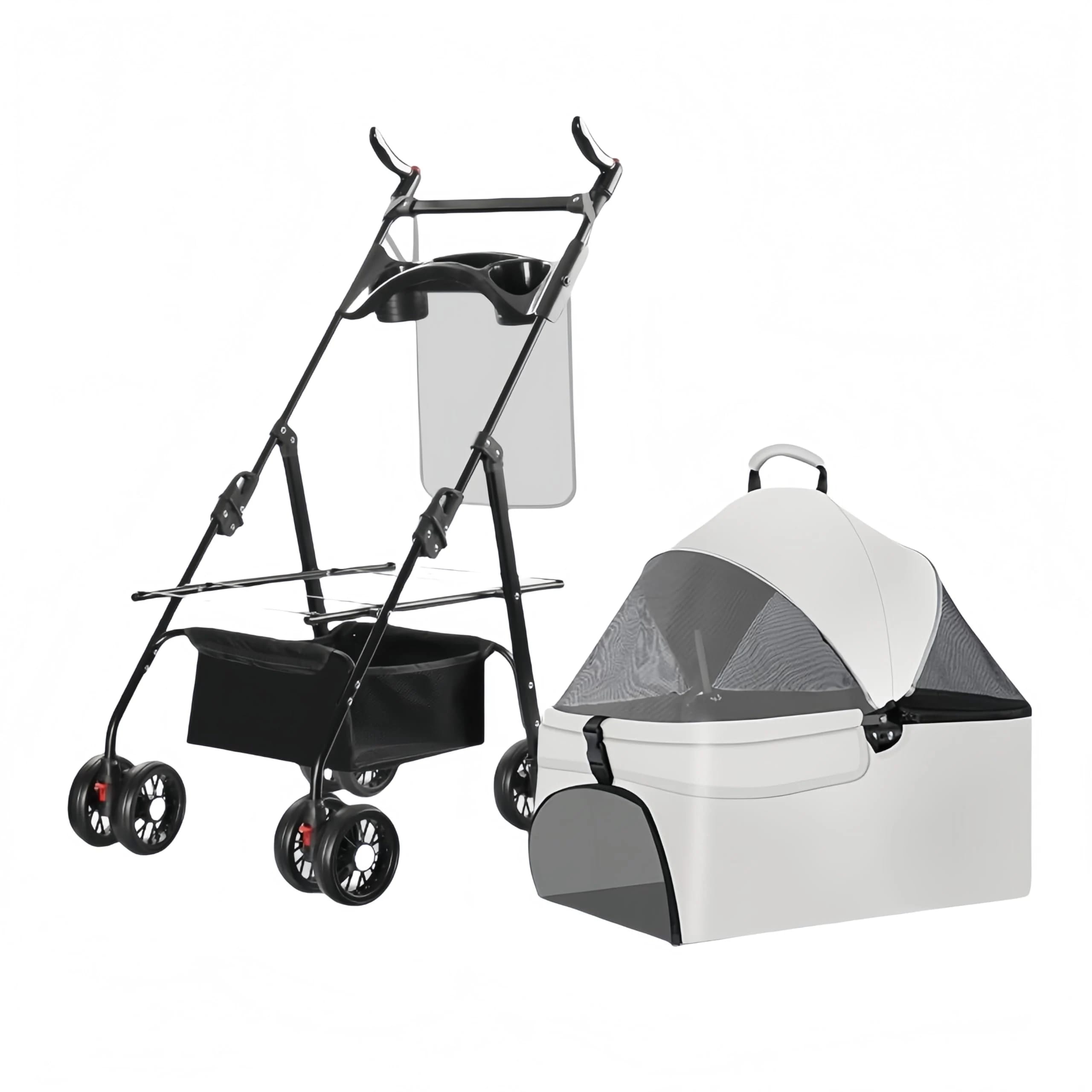 分離型ペットカート 大容量 ワンタッチ折りたたみ式 ブレーキ付き 前輪360回転 衝撃吸収 食事トレイ付き キャリーバッグ 耐荷重15KG以内 犬猫兼用 多機能 軽量 通気 散歩 買い物 外出 旅行