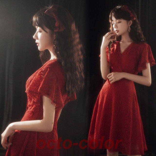 パーティードレス レース フレア ワイン赤 レースドレス 膝丈 半袖 成人式ドレス 結婚式ドレス 二次会ドレス 20代 30代 Vネック レースワンピース