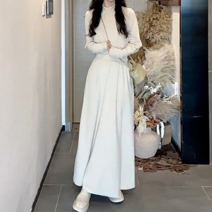 セットアップ レディース ニット トップス スカート ワンピース ハイネック 長袖 カットソー 2点セット エレガント カジュアル きれいめ ロング丈 ロングスカート フレア 大人 可愛い ホワイト