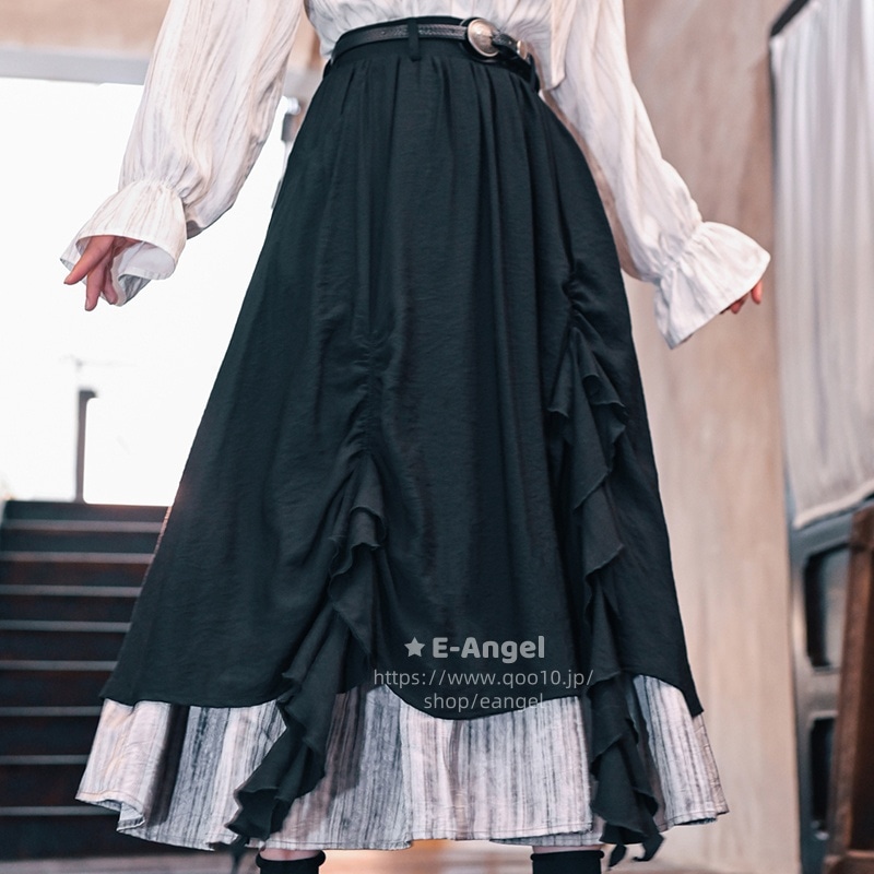 ロングスカート レディース 黒 切り替え レイヤード リボン 飄逸 個性的 着瘦せ 合わせやすい