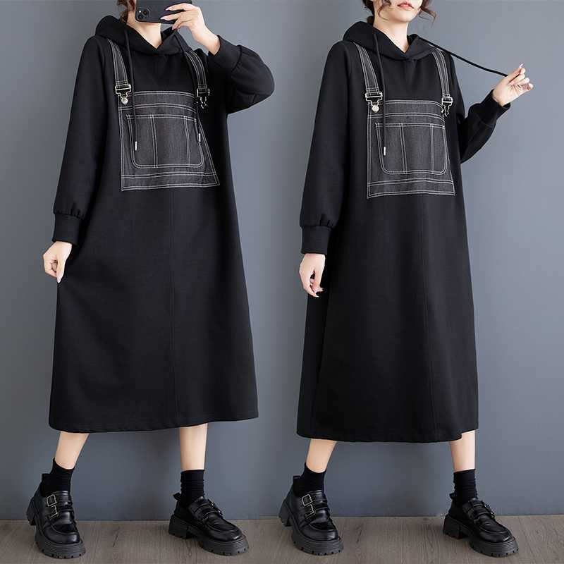 2025秋冬新品 レディース ワンピース 大きいサイズ デニムドッキング フード付き 体型カバー パーカーワンピース メガ割 「ファットガール」