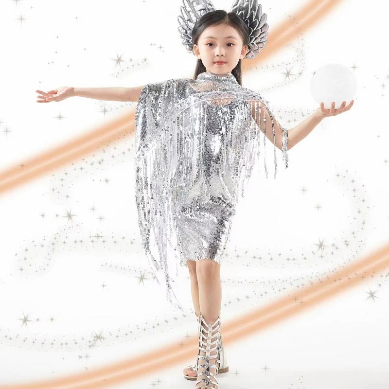 合唱 子供ダンス服 ジャズダンス ワンピース 普段着 女の子 ハロウィン チアダンス キッズ パフォーマンス 未来感 銀 ステージ チアダンス 宇宙人 学園祭 運動会 フォション 舞台服 2点セット