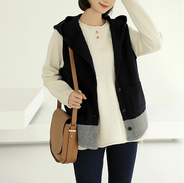 [bbaebbae] 配色デザイン フード付き ニットベスト (送料無料)おしゃれなシルエットのファッションコーデー提案ハイクォリティー/韓国ファッション
