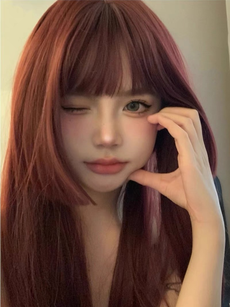 プリンセスカットウィッグ ツリープラムレッド 日本人女性ロング 疑似人毛 フリーサイズ 全頭クラゲヘッドウィッグ