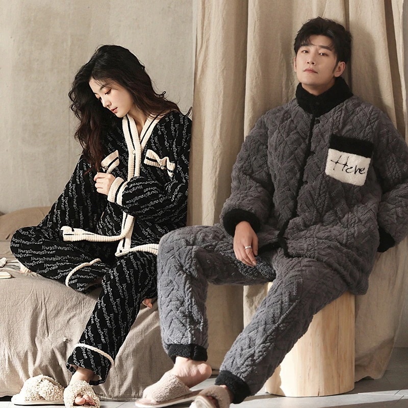 カップルパジャマ女性サンゴベルベット三層綿部屋着冬新型厚手メンズパジャマ２点セットルームウェア30%制限