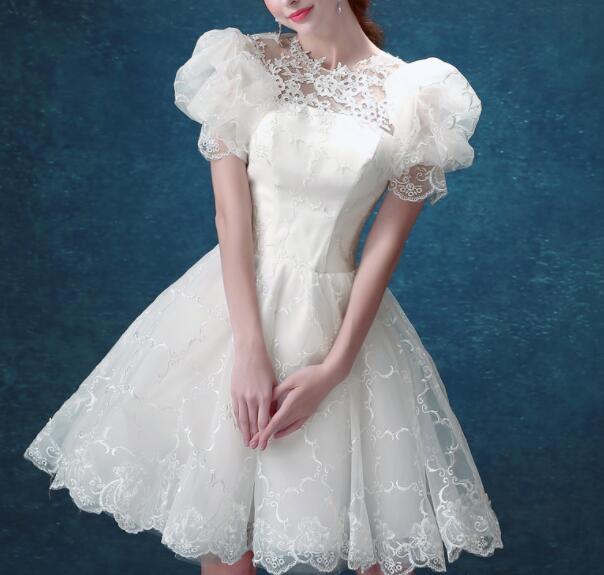 ウェディングドレス　パーティードレス　花嫁　レース　発表会　二次会　演出　結婚式　ミニドレス　半袖