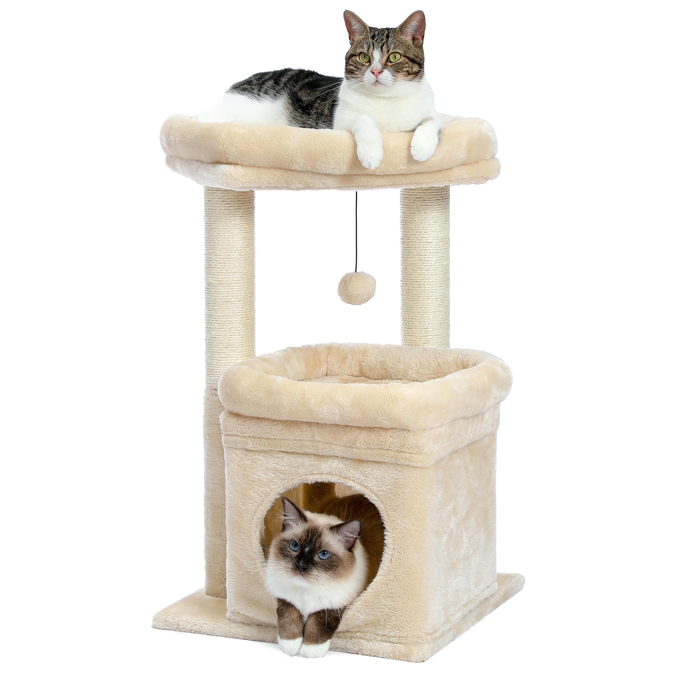 PAWZ Road キャットタワー ミニ 猫タワー 小型 低い 小さめ 据え置き 人気 爪とぎポール 爪研ぎ 麻紐 猫のおもちゃ コンパクト 省スペース 頑丈 安全 猫ハウス 展望台 - 68cm ベ