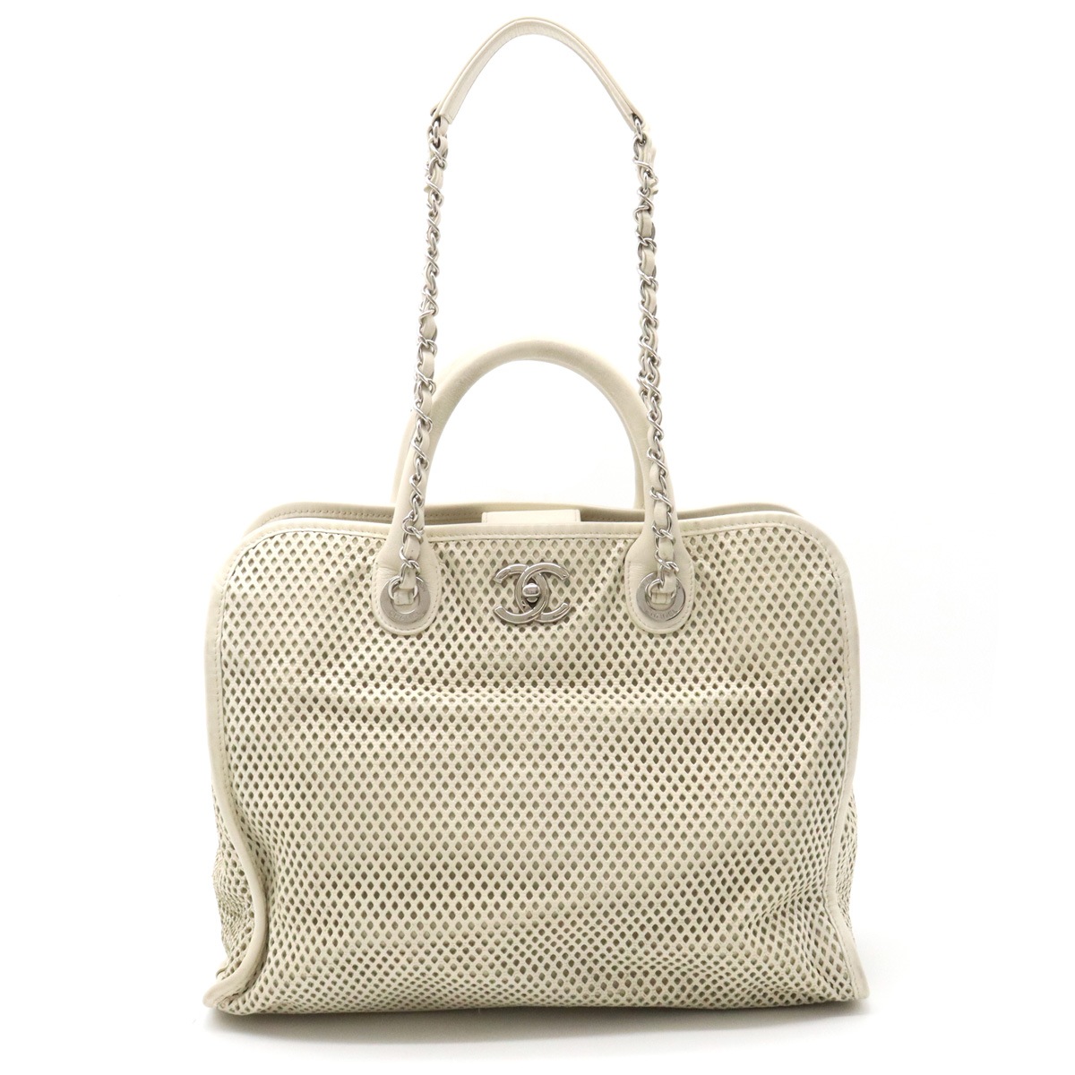 ココマーク パンチングメッシュ ハンドバッグ トートバッグ 2WAY ショルダーバッグ チェーンショルダー レザー アイボリ