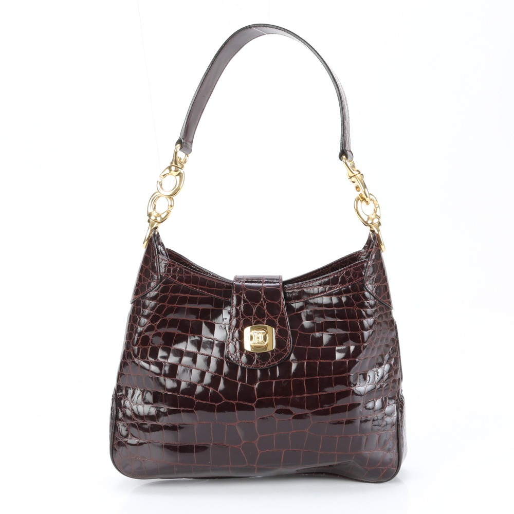 美品 ゴールド 金具 クロコダイル レザー トート バッグ 肩掛け ショルダー ハンド ブラウン 茶色 レディース ELE BI22-5 中古