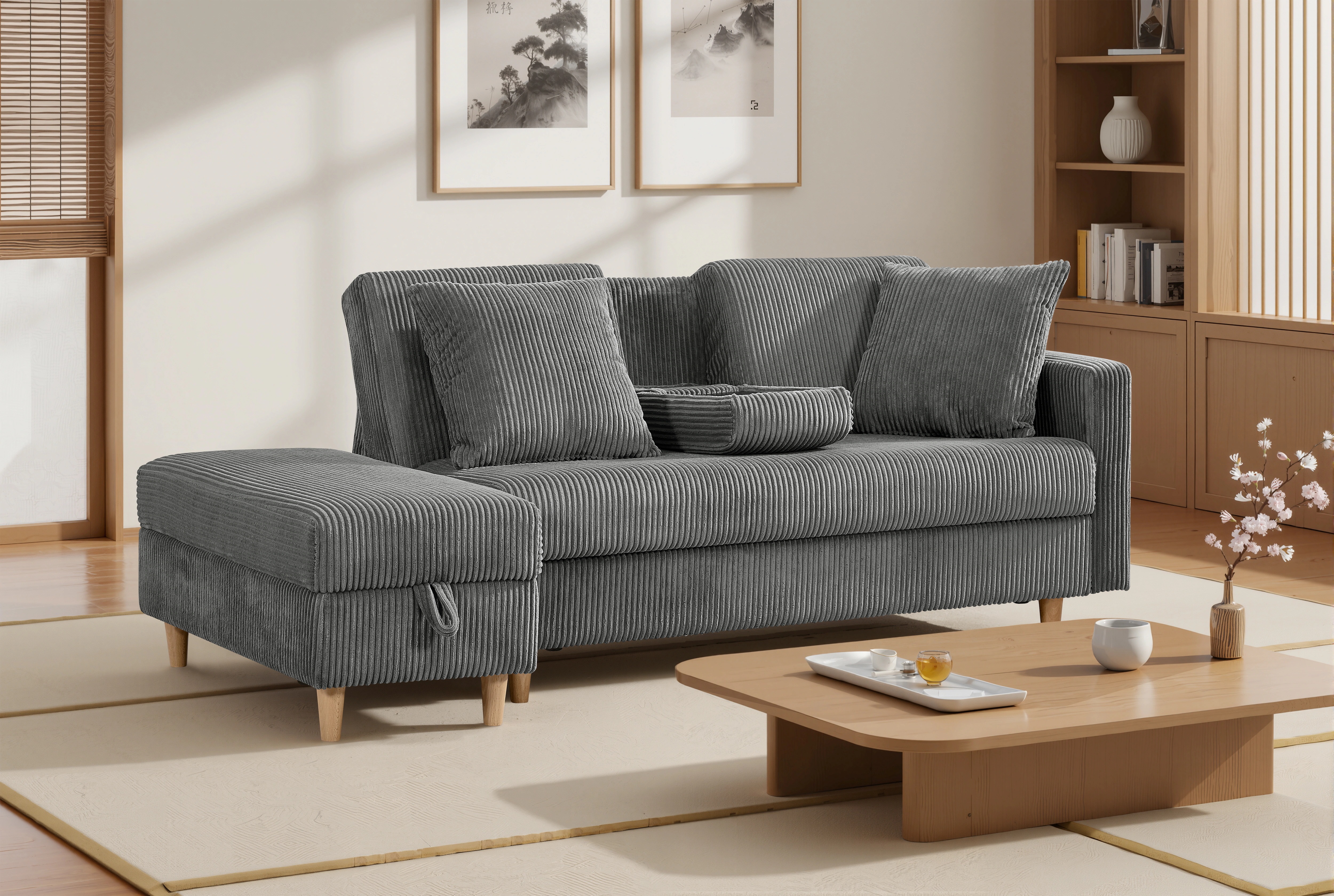 ソファ　ソファーベッド　カウチソファ　3人掛け　オットマン付き　多機能ソファ　左右側とも取り付けるアームレスト　たくさん収納　レイアウト自由　クッション2個 672