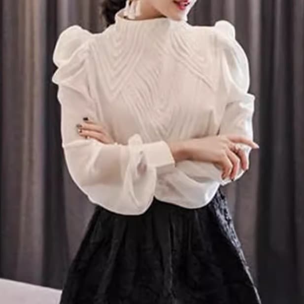 レディース トップス シャツ ブラウス 長袖 ボリューム袖 パフスリーブ スタンドカラー シフォン 薄手 かわいい 大人可愛い きれいめ シンプル カジュアル 上品 おしゃれ かっこいい レトロ