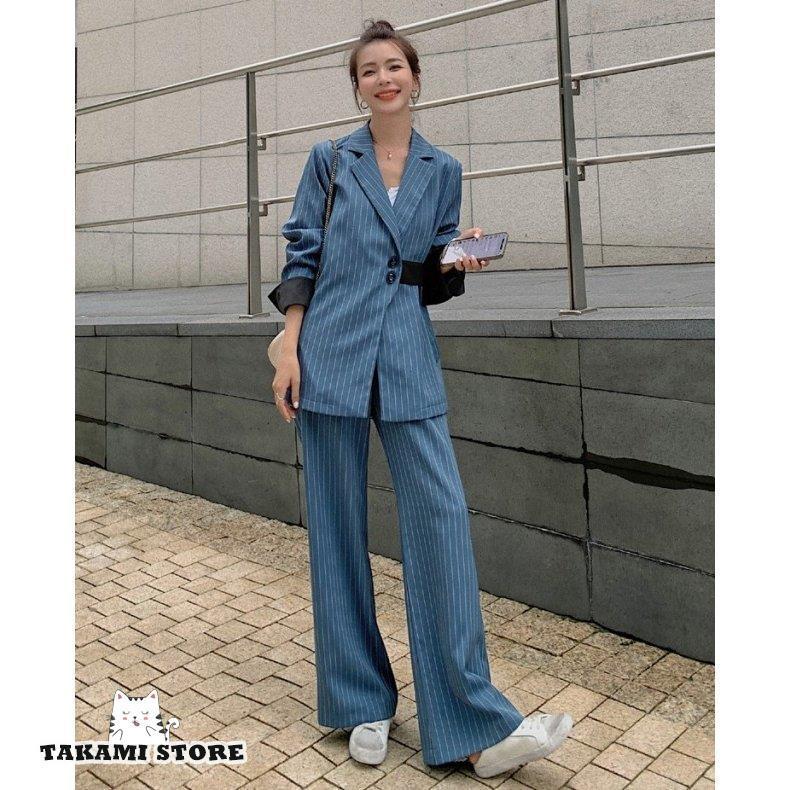 パンツスーツ セットアップ レディース おしゃれ カジュアルスーツ ストライプ スーツ ワイドパンツ オフィス 通勤服 大きいサイズ ゆったり 個性的