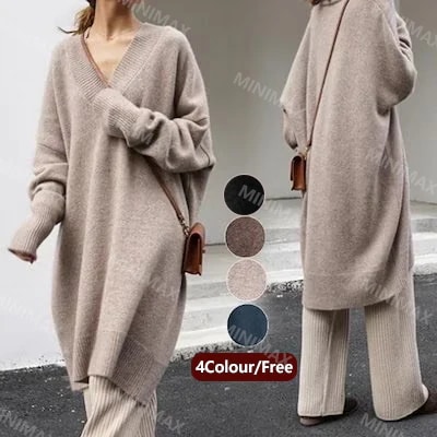 人気なリブニット ベーシック ニット カシミヤタッチ 秋冬Vネックニットセーターレディース ミドル丈厚手セーターニットワンピース 裹起毛 長袖トップス 大きいサイズ 体型カバー