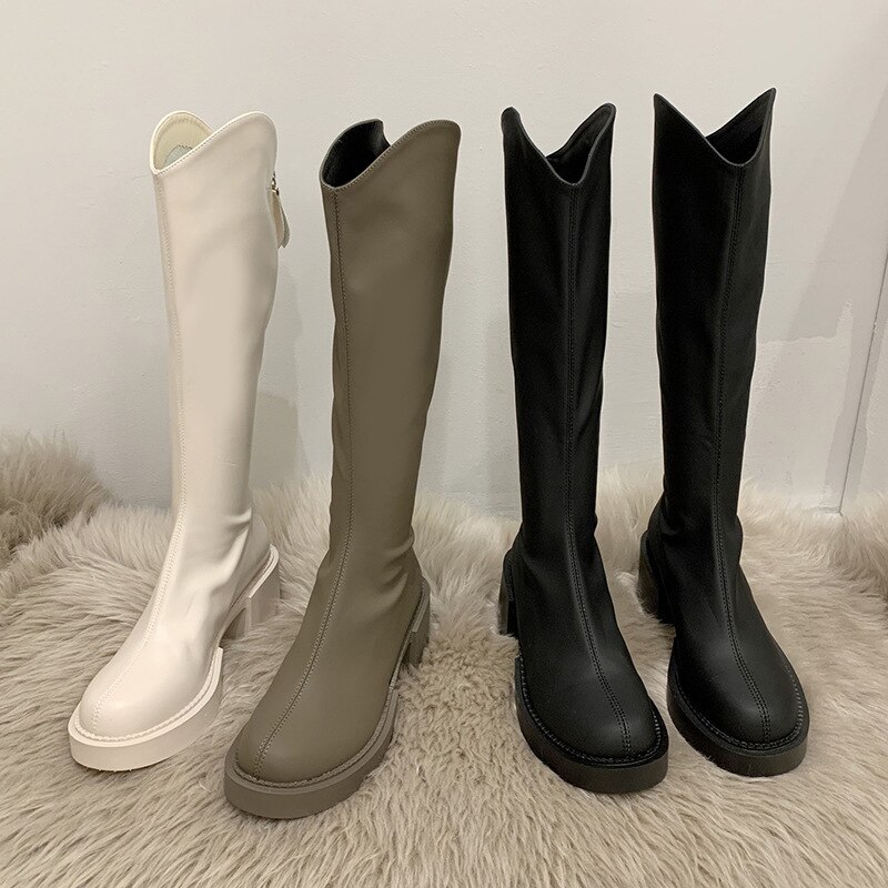ヒールパンプス厚底スニーカーシューズロングブーツが復活ロングブーツモカシン旬な履きこなしショートブーツ韓国ファッションショートブーツ レディース ローヒール 厚底ロングブーツ レデ美脚ブ