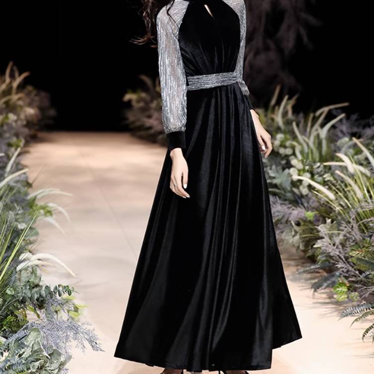 ドレス ワンピース パーティー 二次会 披露宴 演奏会 発表会 ステージ 舞台 ダンス 衣装 演劇 ロング 長袖 スタンドカラー プリンセスライン Aライン リボン ウエストマーク ウエストリボン 切 8,564円