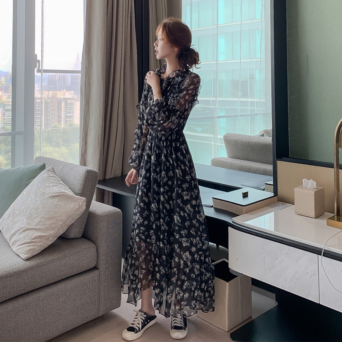 ロング丈シフォンワンピース 花柄シフォンワンピース 長袖ロングワンピース 透け感ワンピース トップス スカート ワンピース プルオーバー ロングスカート チュールスカート フレアワンピース 膝下