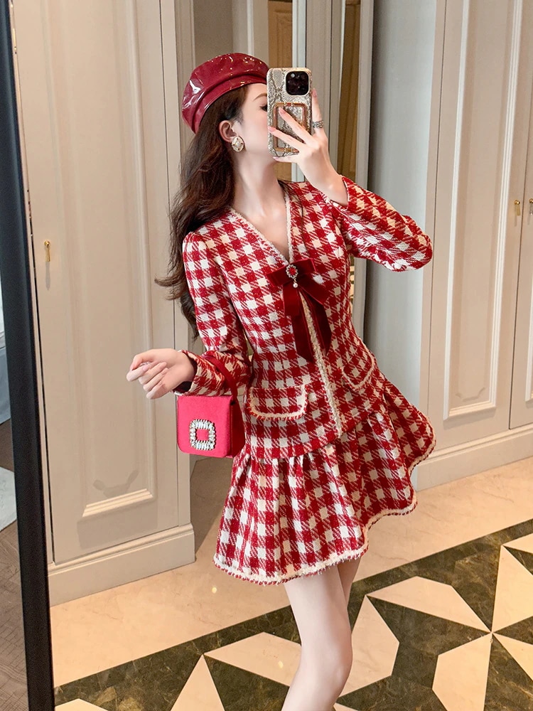 2025春 格子柄 レッド ワンピース 新年 ドレス パーティー キャバ 大人 同窓会 披露宴 卒業式 結婚式 演奏会 ウェディング 二次会 メガ割 5,799円