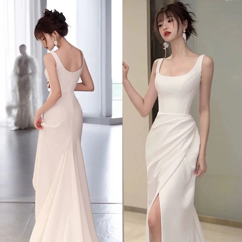 ワンピースドレスドレスハイエンドのスリムフィットとスリムテールアウトティアラホワイトサテンドレス付きスリム