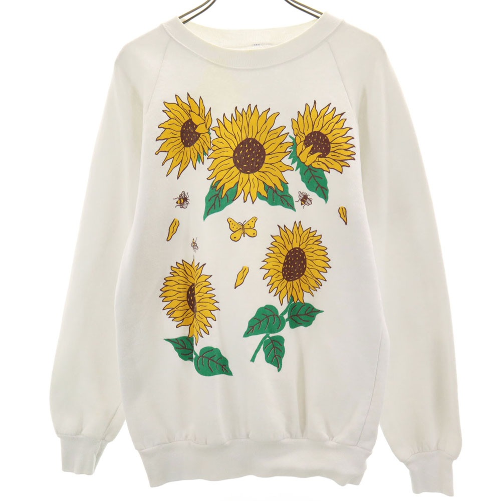 80s 90s オールド USA製 ひまわり柄 長袖 ラグランスリーブ スウェット M ホワイト 裏起毛 メンズ